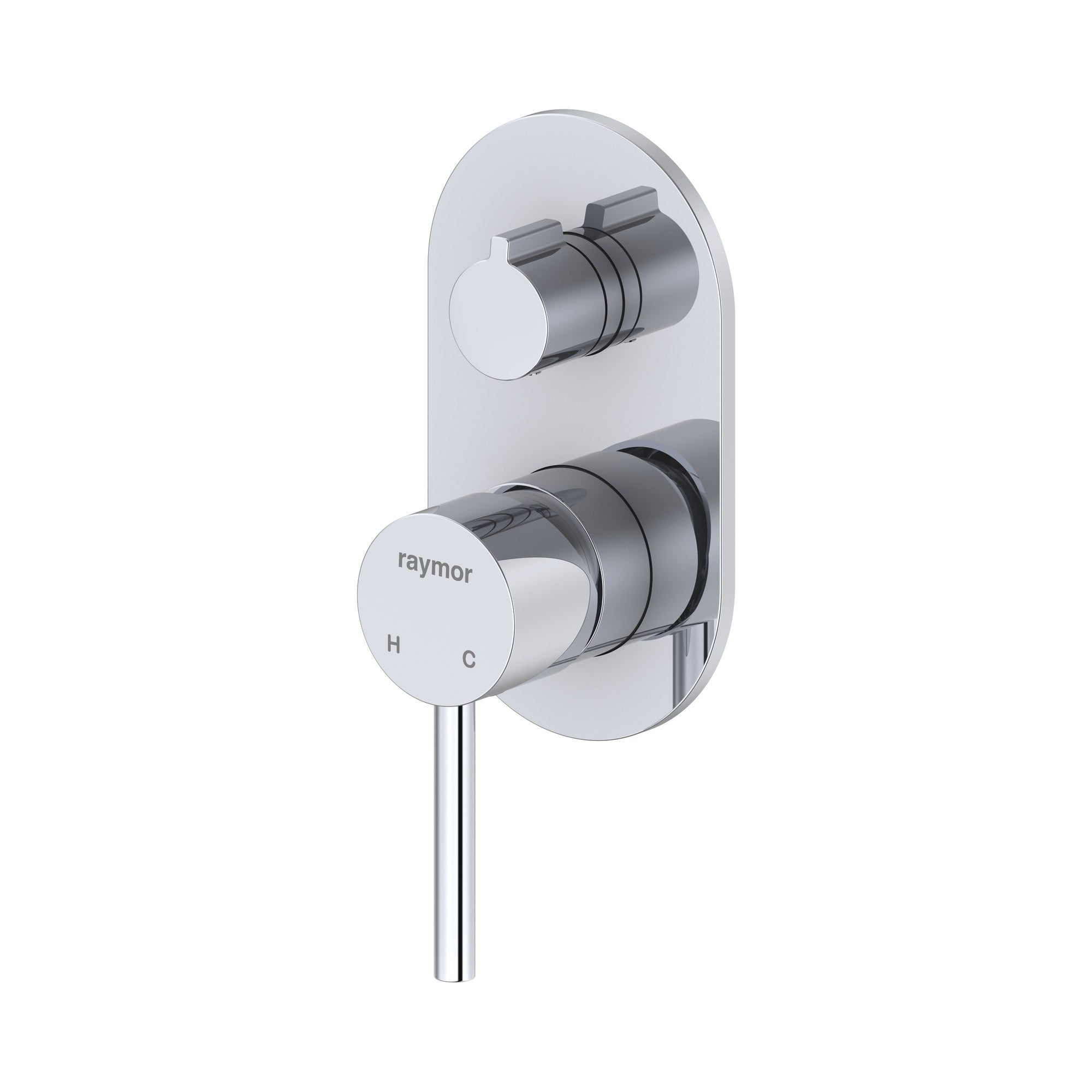 Raymor Projix chrome wall mixer and diverter with round plate and pin lever handle