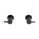 Raymor Projix black wall top assemblies, pair of hot and cold wall taps with pin lever handles on white background