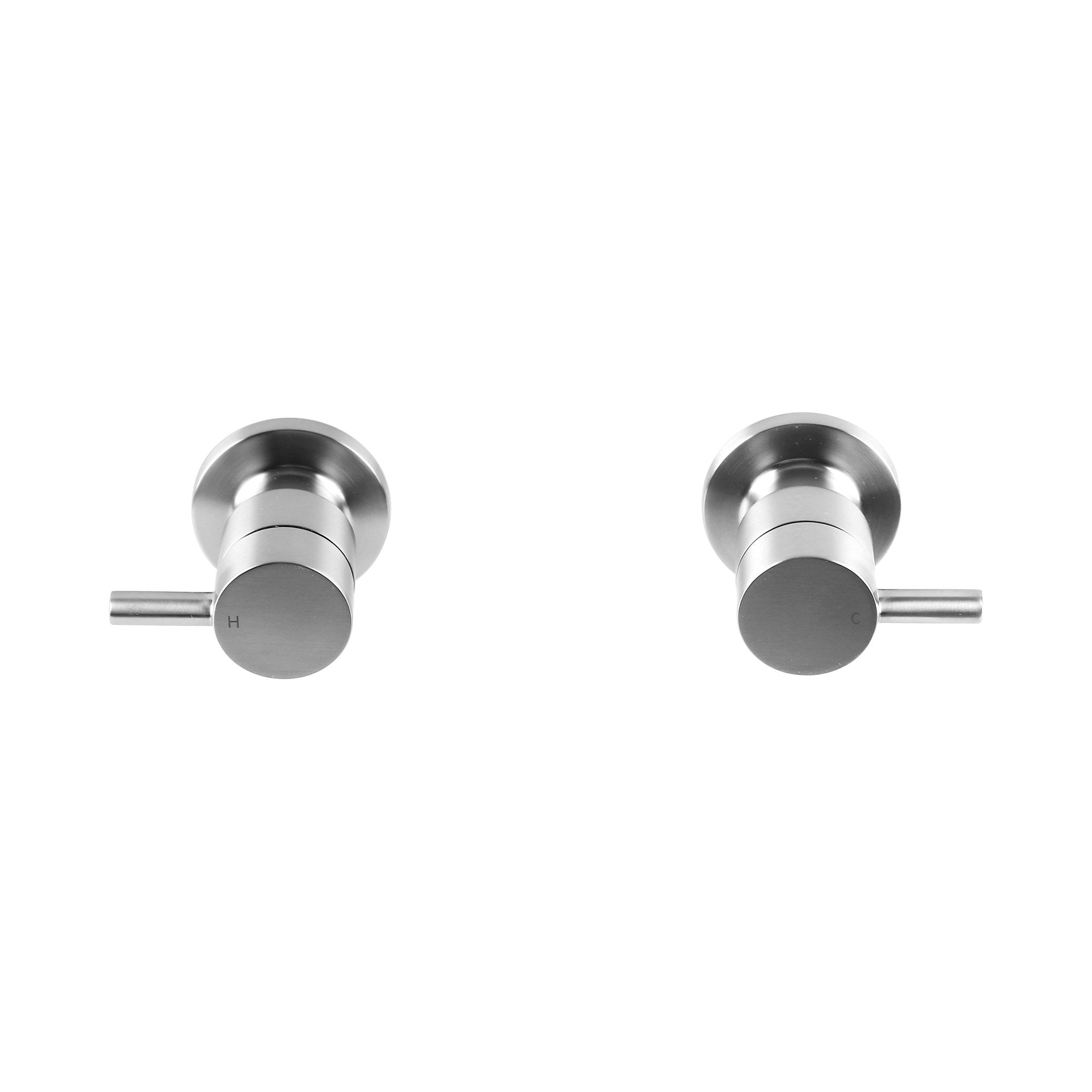 Raymor Projix brushed nickel wall top taps, hot and cold pair with pin lever handles, front view on white background