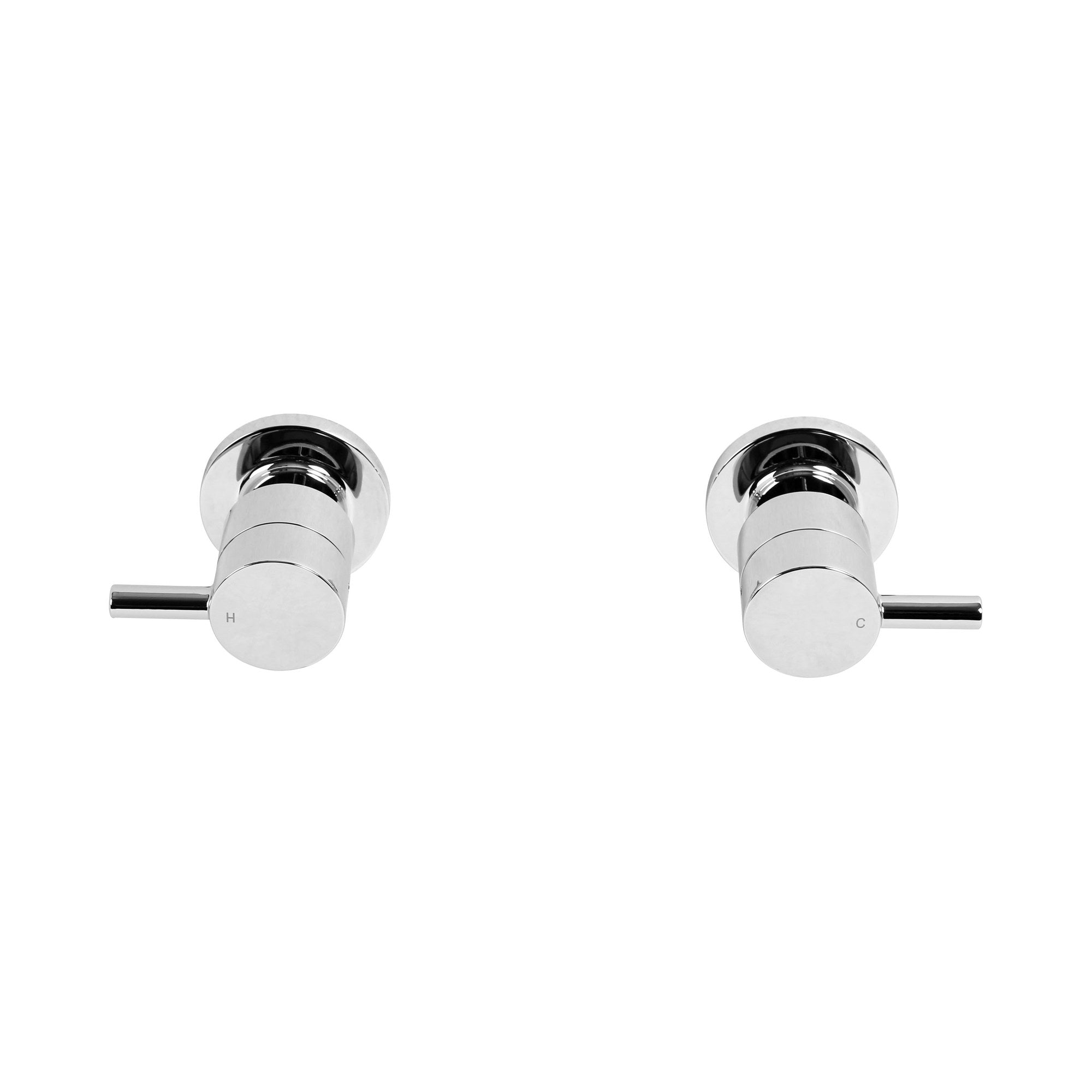 Raymor Projix chrome wall top taps pair, hot and cold, with pin lever handles on white background