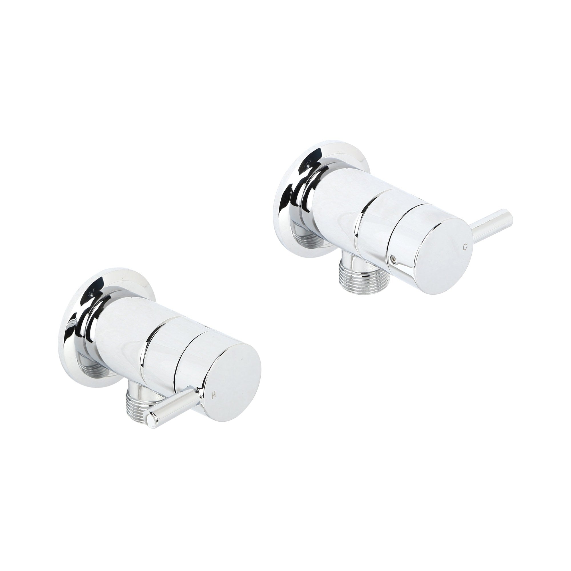 Raymor Projix chrome washing machine stops, pair of wall-mounted hot and cold tap valves with pin lever handles