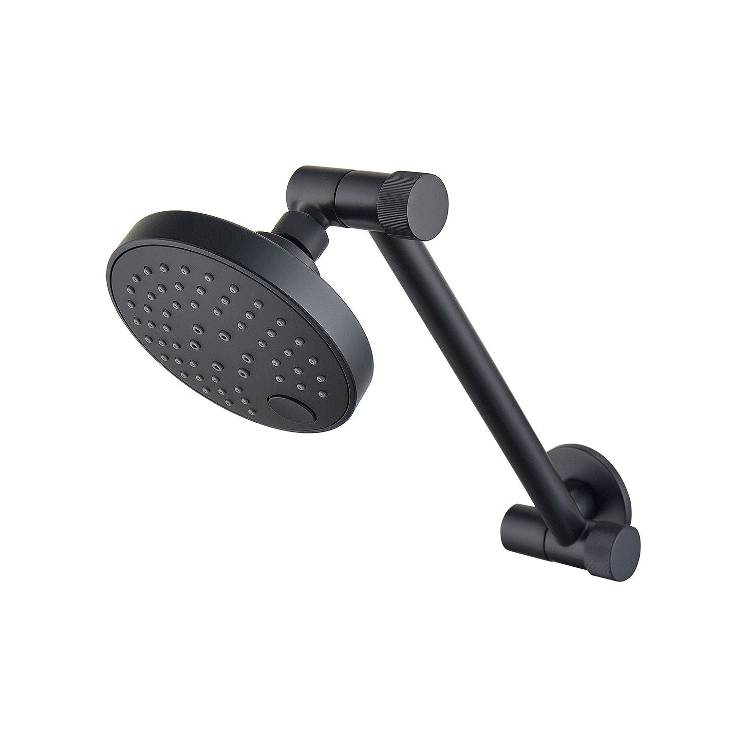 Raymor Raven hi rise wall shower in matte black with round shower head and angled brass arm