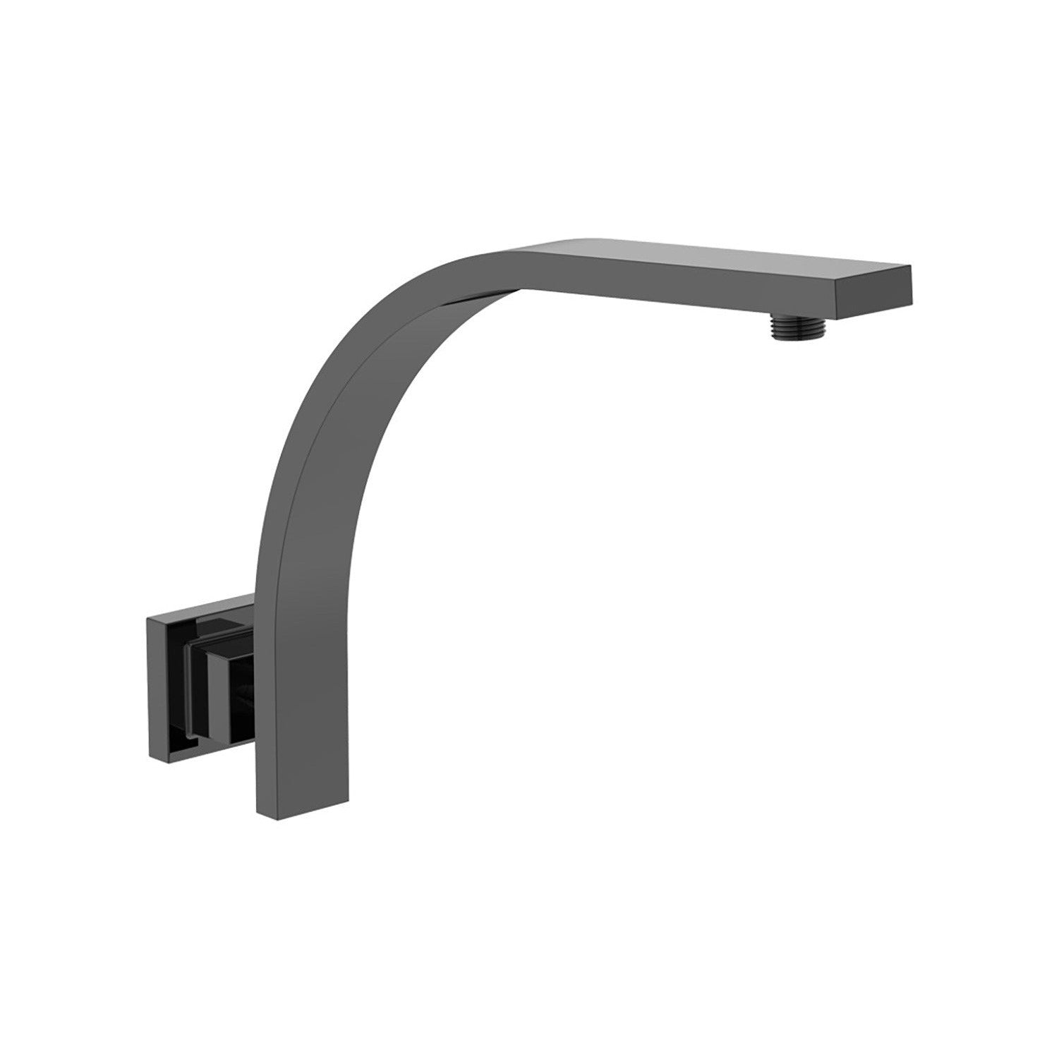 Raymor rectangular curved wall shower arm in black, brass shower arm only with wall flange, side view on white background