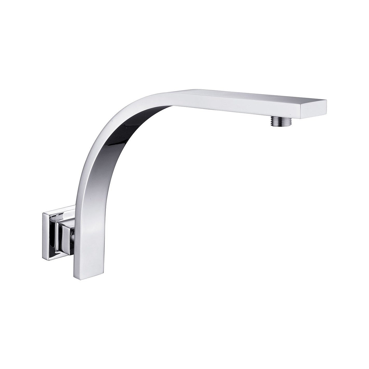 Raymor curved rectangle shower arm in chrome, wall-mounted with square flange, shown on white background