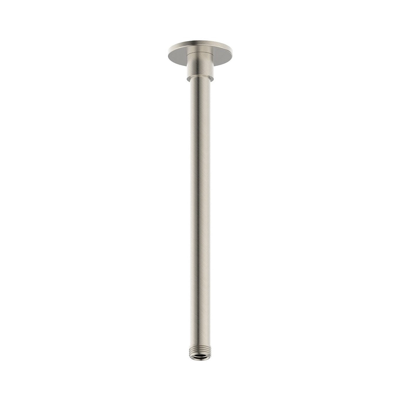 Raymor ceiling mount shower arm in brushed nickel, straight round 300mm drop, brass finish, top and bottom view on white background