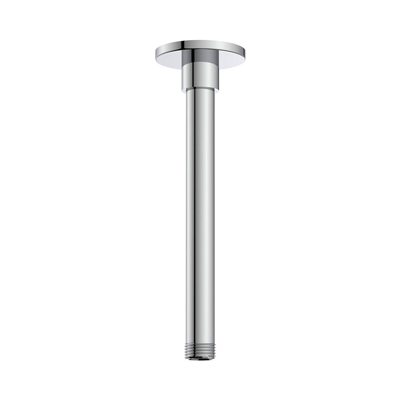 Raymor chrome ceiling shower arm, straight round 200mm brass rail with flange, shown isolated on white