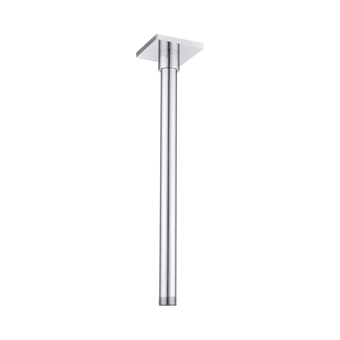 Raymor chrome ceiling shower arm with square flange, straight round 300mm rail, shown on white background