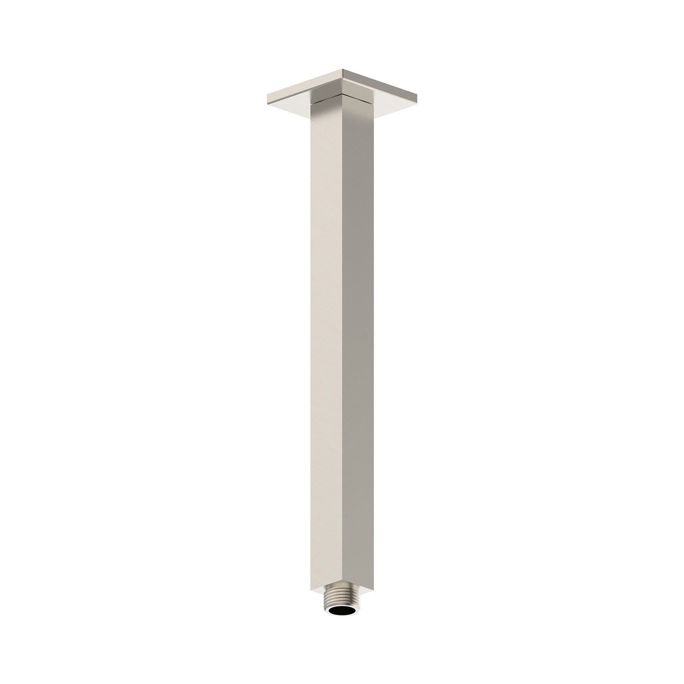 Raymor square ceiling-mount shower arm in brushed nickel, straight 300mm brass rail with square flange and threaded end