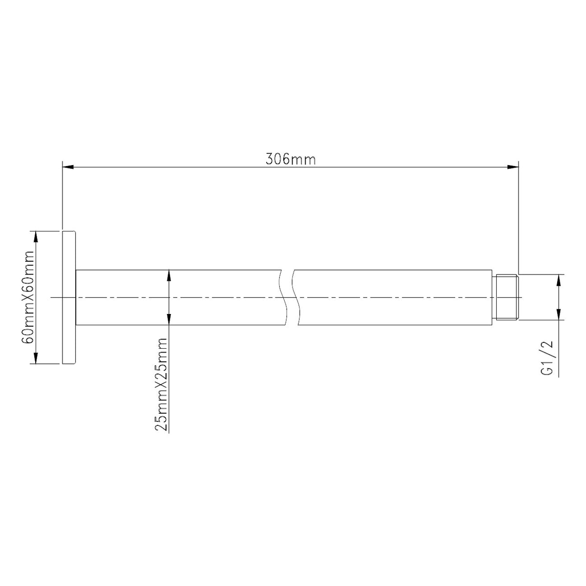 Technical drawing of Raymor chrome square ceiling shower arm, 306mm long, with 60mm square flange and G1/2 thread