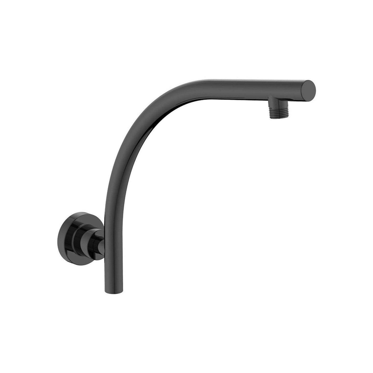 Raymor black curved round shower arm with wall flange, wall-mounted and shown without shower rose