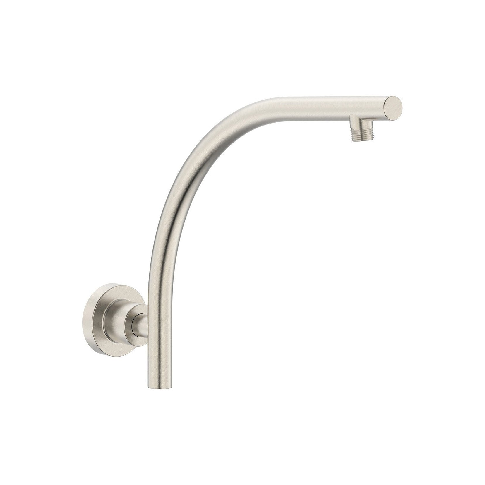 Raymor curved round shower arm wall mount in brushed nickel, shown with round flange and threaded outlet, no shower head