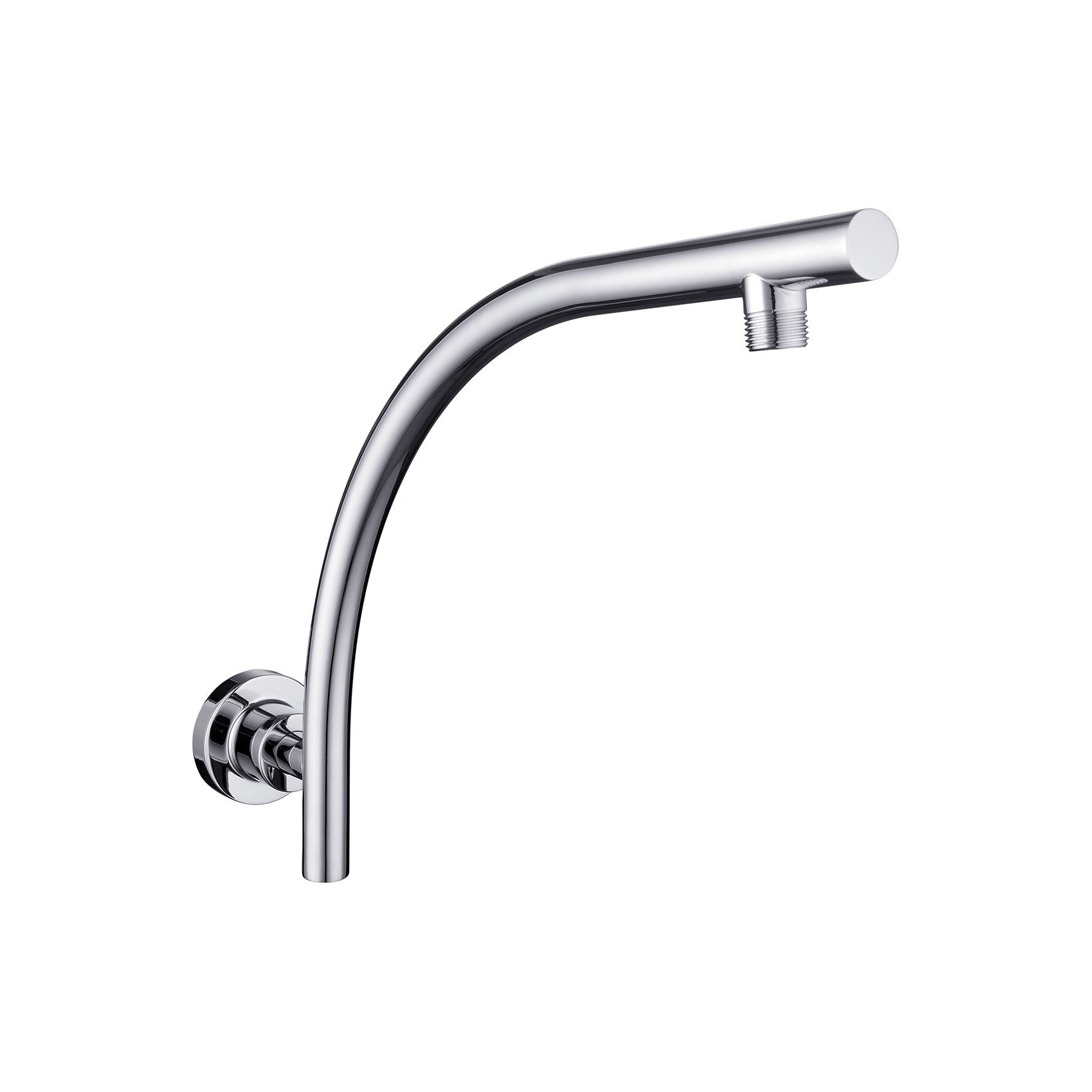 Raymor curved round shower arm wall mount in chrome, brass finish, with round flange and male outlet, on white background