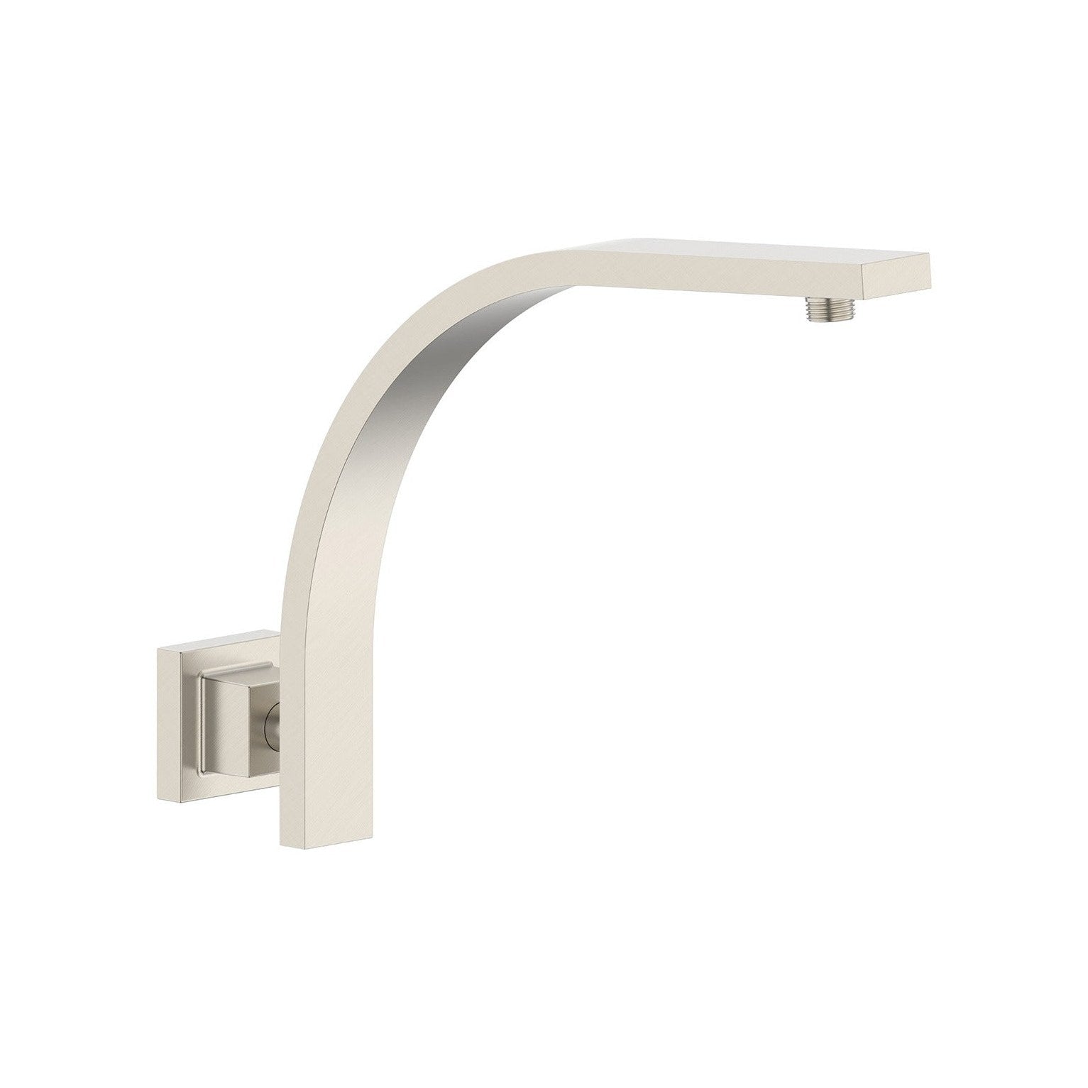 Raymor curved square shower arm wall mount in brushed nickel, shown in side view on white background
