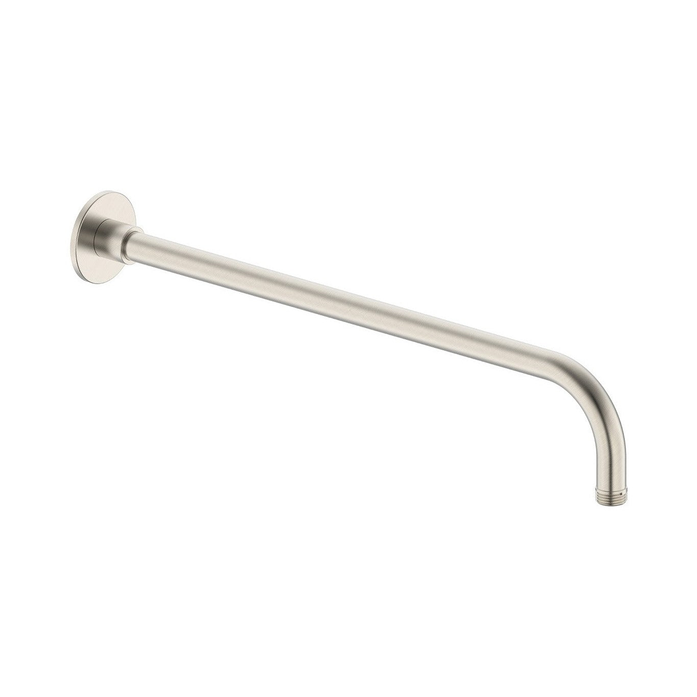 Raymor right angle shower arm, brushed nickel, round wall mount rail with flange