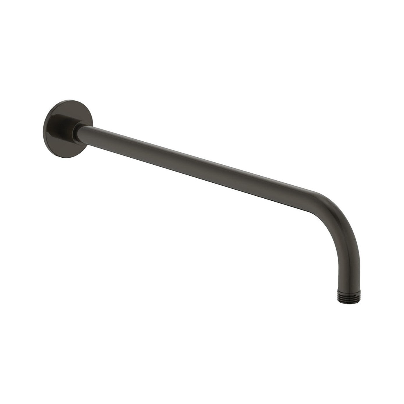 Raymor round shower arm in black, right angle wall mount with flange, shown on white background