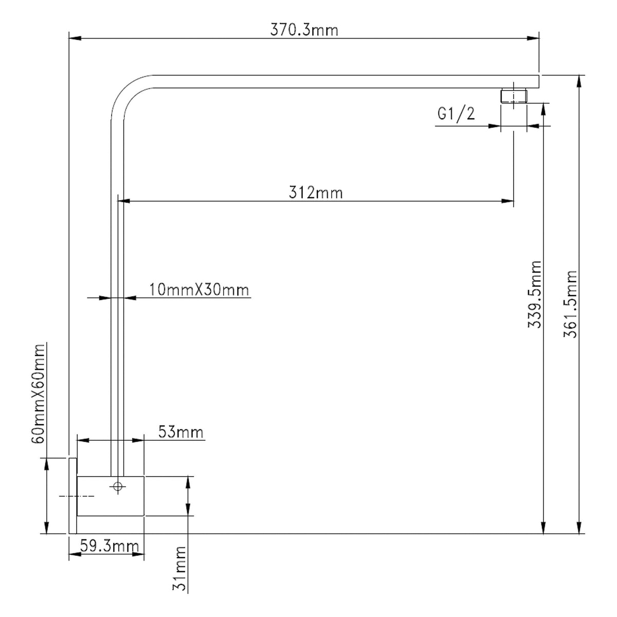 Raymor black square wall shower arm technical drawing with 370.3mm reach and G1/2 fitting￼