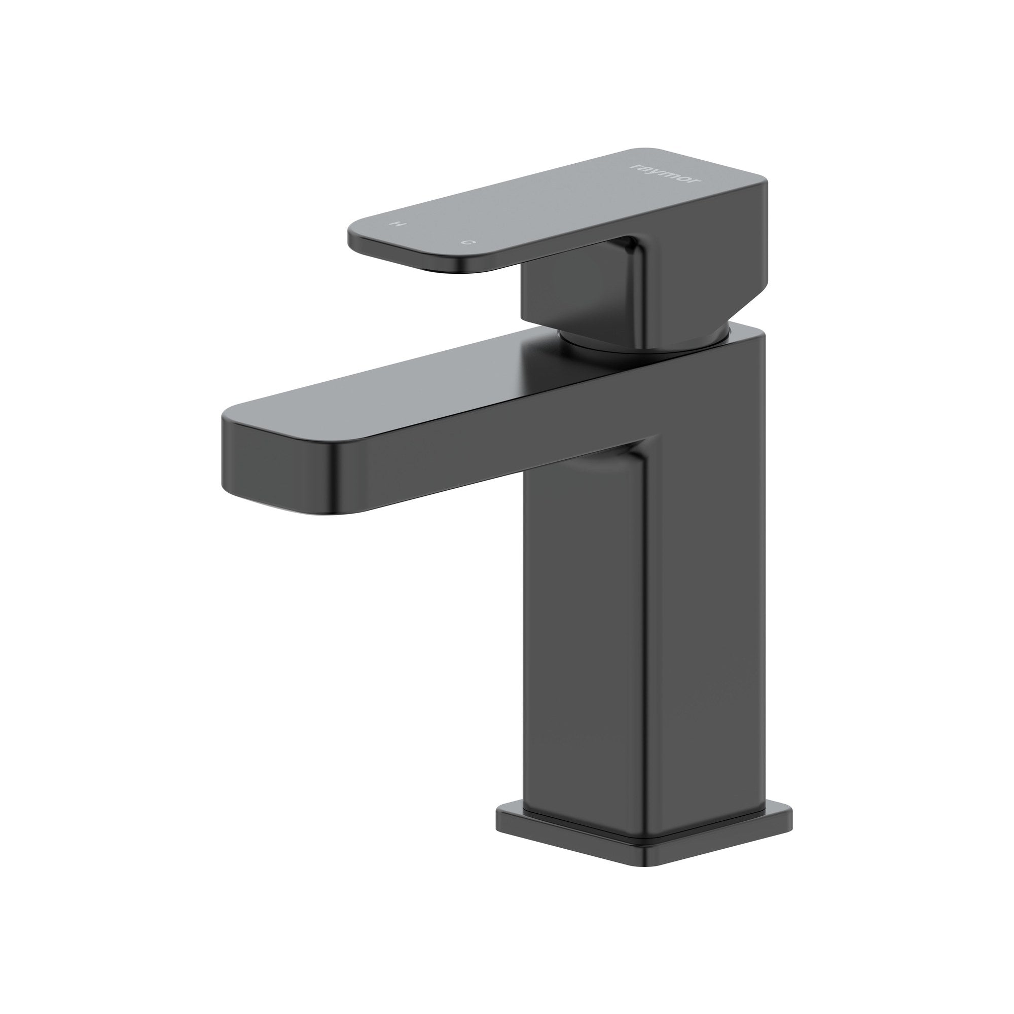 Raymor Sigma black basin mixer, soft square single-lever tap on white background