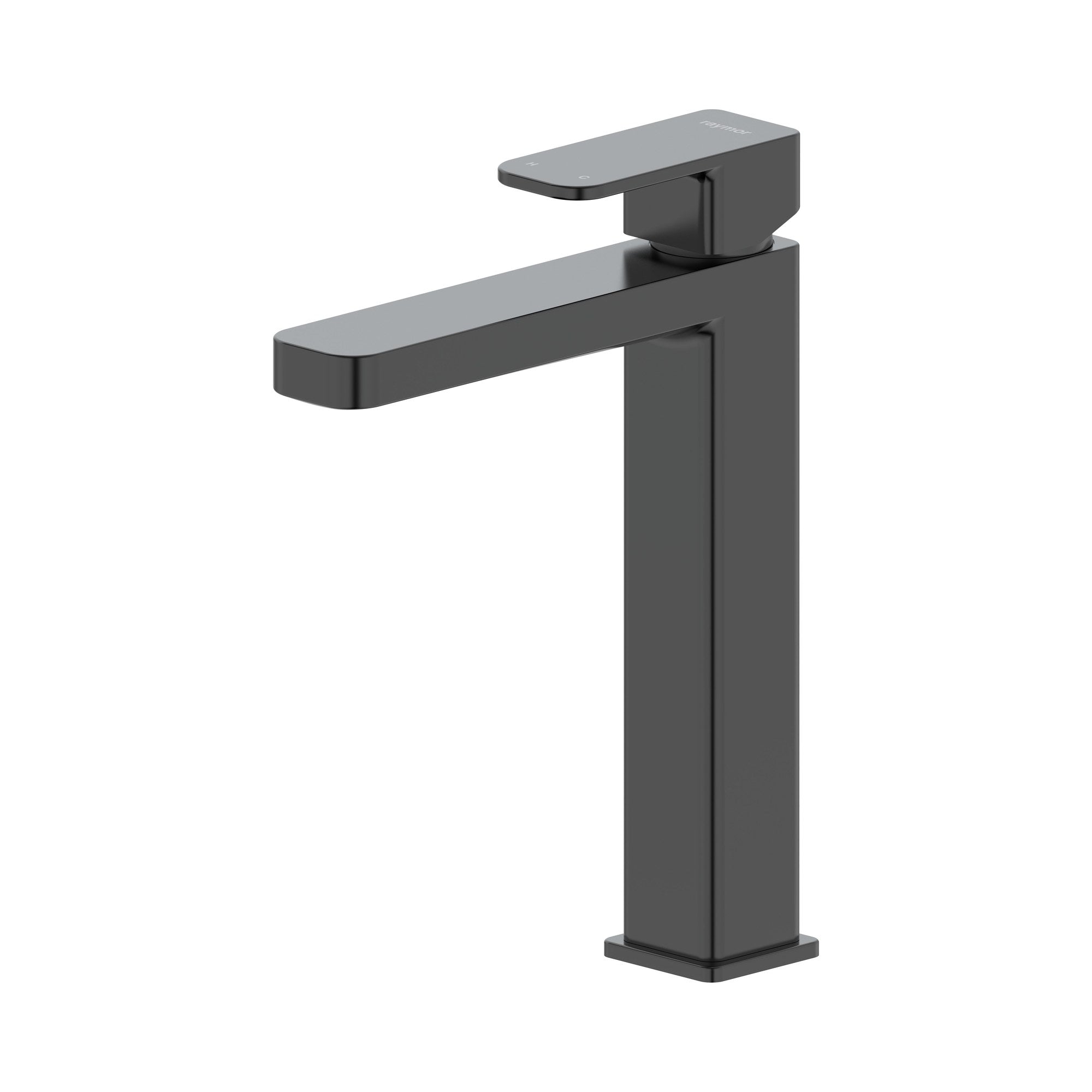 Raymor Sigma Basin Mixer Tower in black, tall square-profile basin tap with flat paddle handle, side view on white background