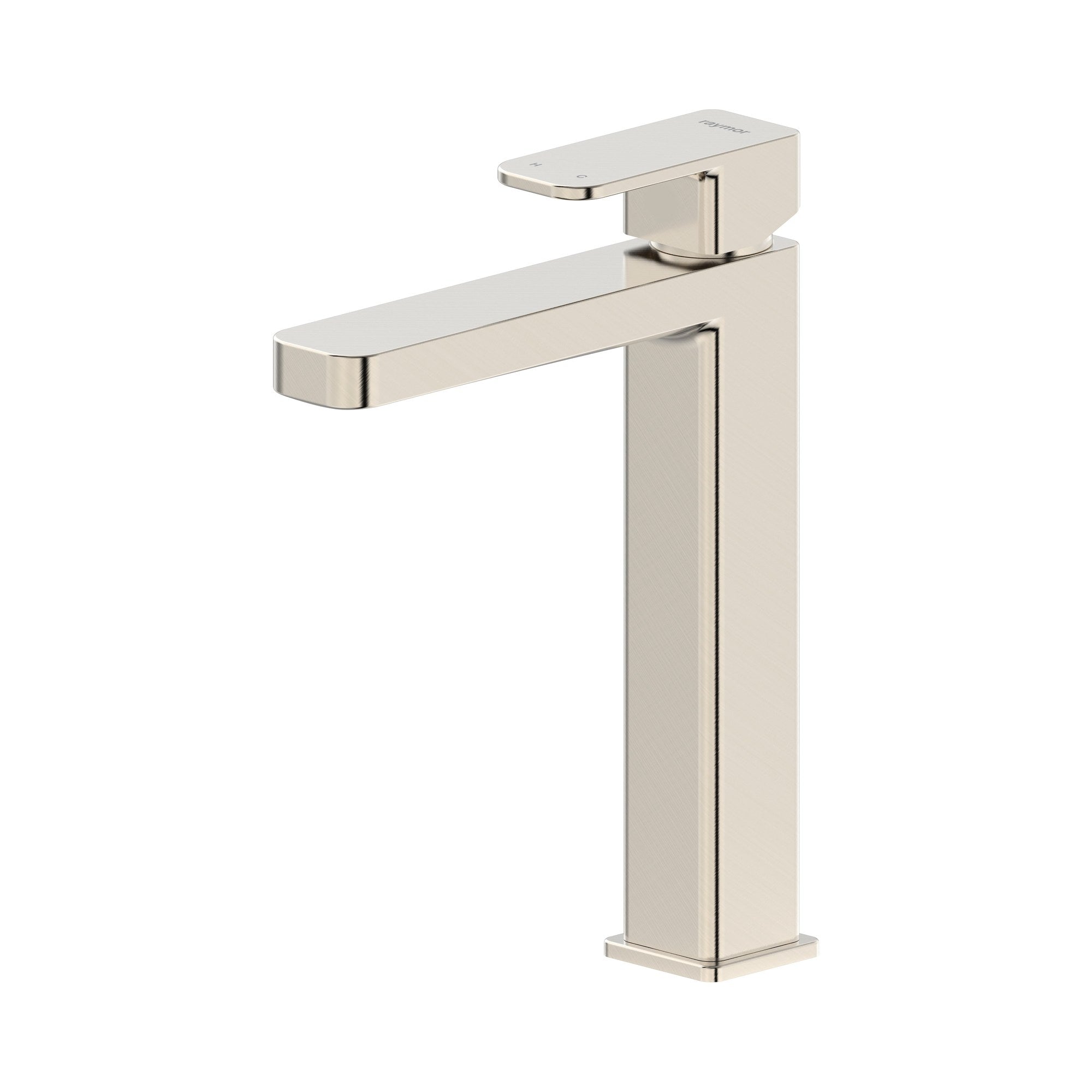 Raymor Sigma basin mixer tower in brushed nickel, tall square tap on white background
