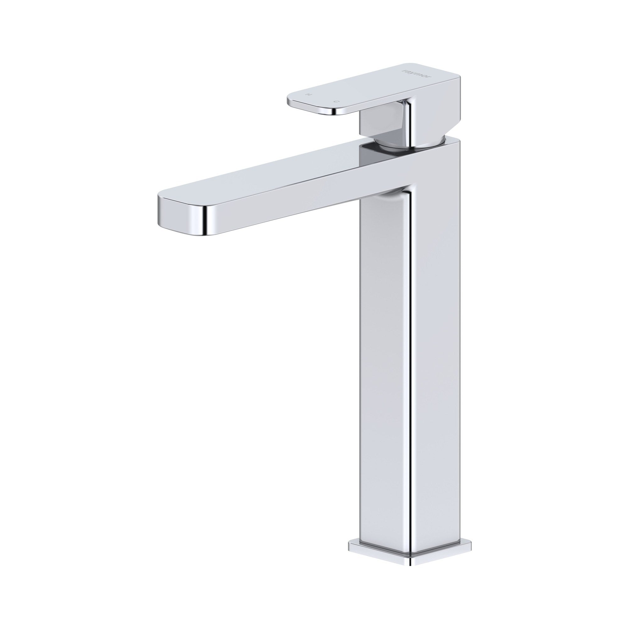 Raymor Sigma tall basin mixer tap in chrome, square modern design on white background