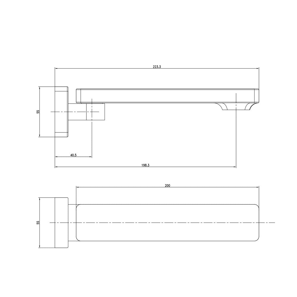 Raymor Sigma bath wall swivel spout technical drawing, black, showing 220mm reach and 55mm high wall-mounted profile