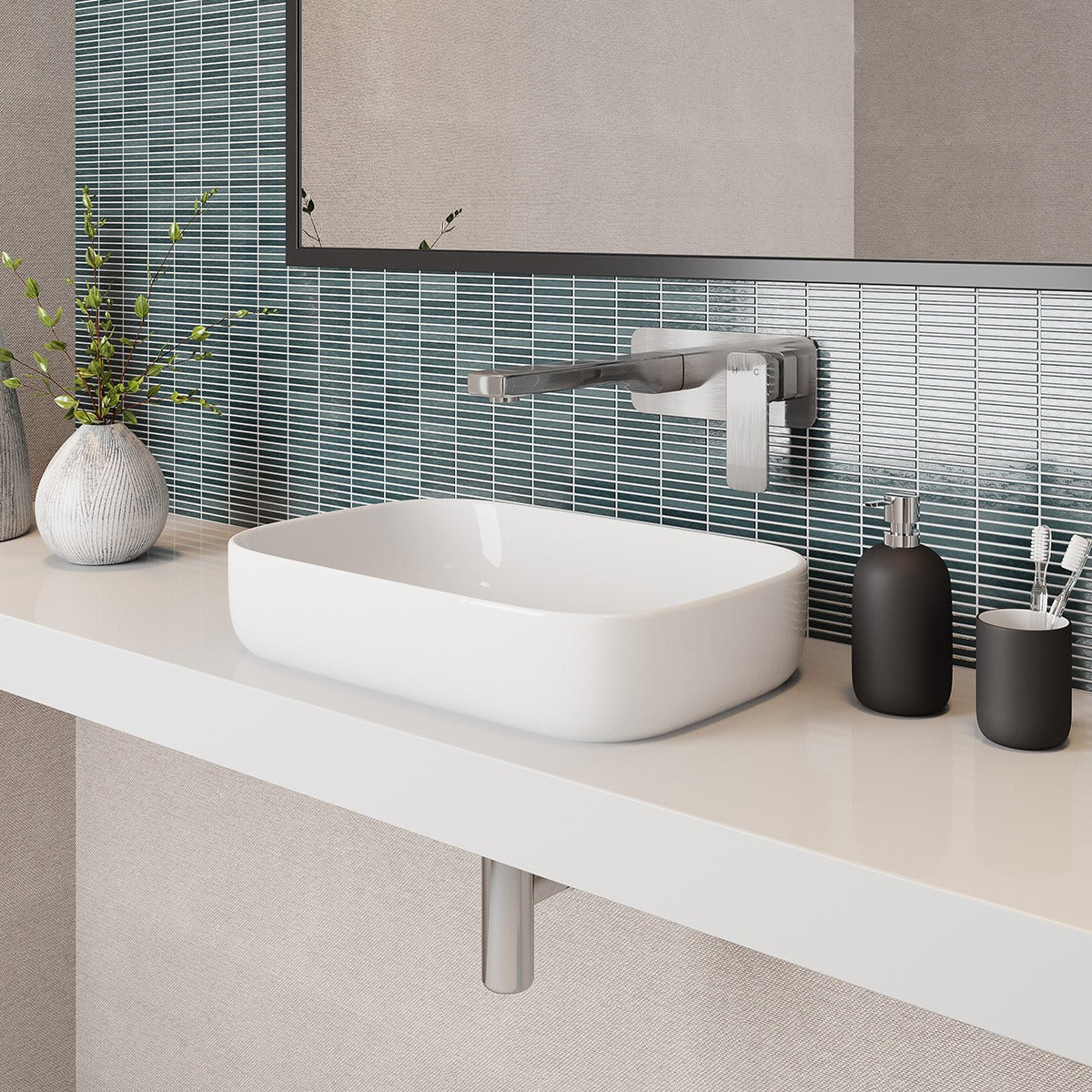 Raymor Sigma white above counter basin, rectangular rounded ceramic bowl on vanity with wall mixer in bathroom setting