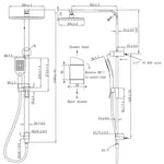 Technical drawing of Raymor Sigma dual shower in black, showing overhead rose, hand shower, rail, hose and dimensions.