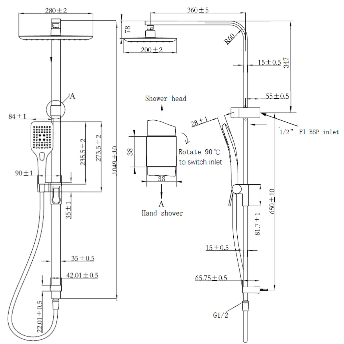 Technical drawing of Raymor Sigma dual shower in black, showing overhead rose, hand shower, rail, hose and dimensions.