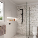 Black twin rail shower with overhead rose and hand shower, wall mounted in a modern tiled bathroom