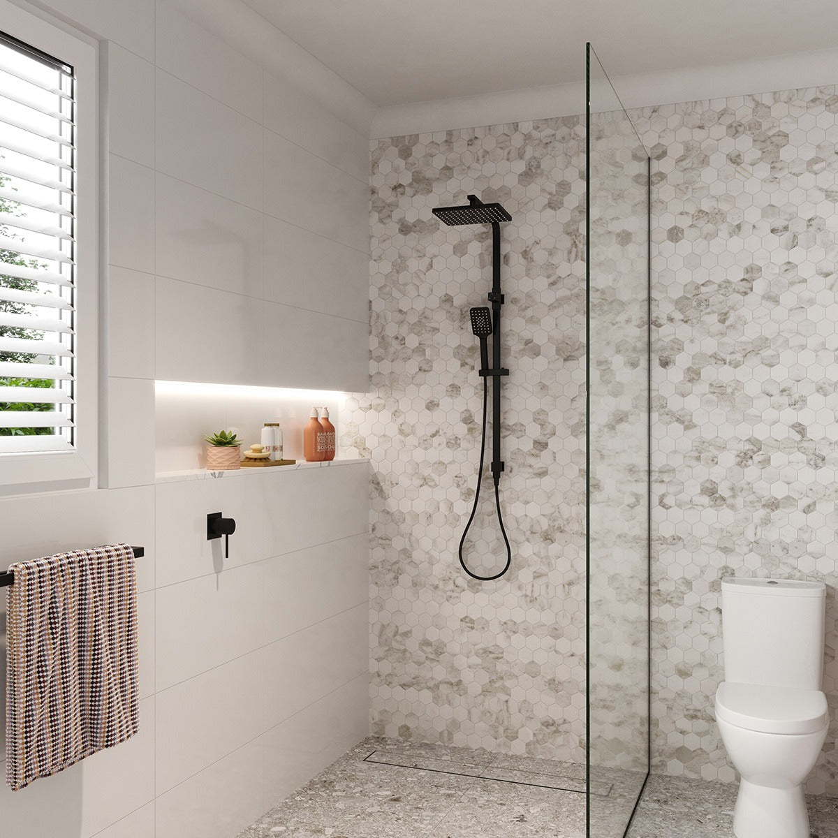 Black twin rail shower with overhead rose and hand shower, wall mounted in a modern tiled bathroom