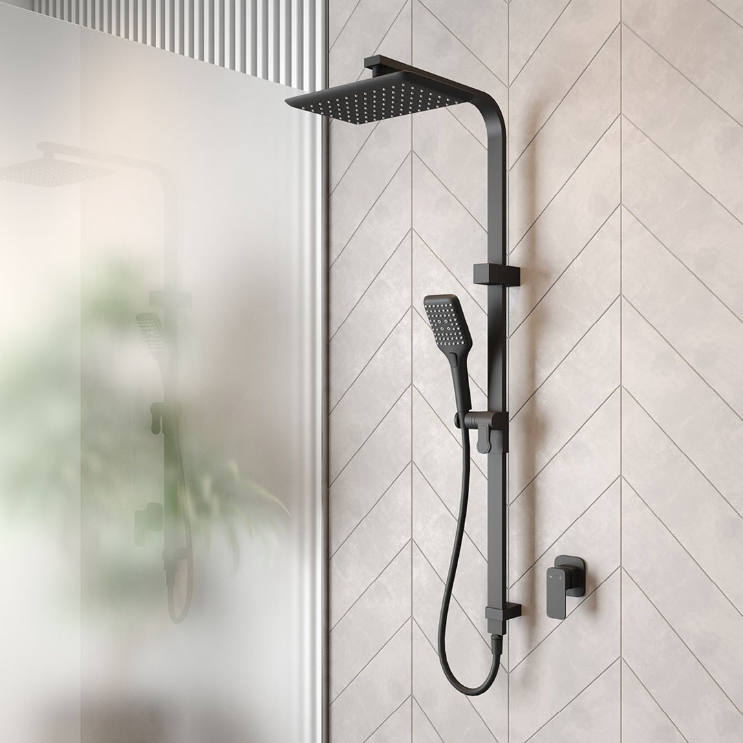 Raymor Sigma dual shower in black, with overhead square rose and hand shower on a wall rail in a tiled bathroom
