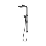 Raymor Sigma dual shower in black, twin rail shower with overhead square rose, hand shower and hose on a vertical rail