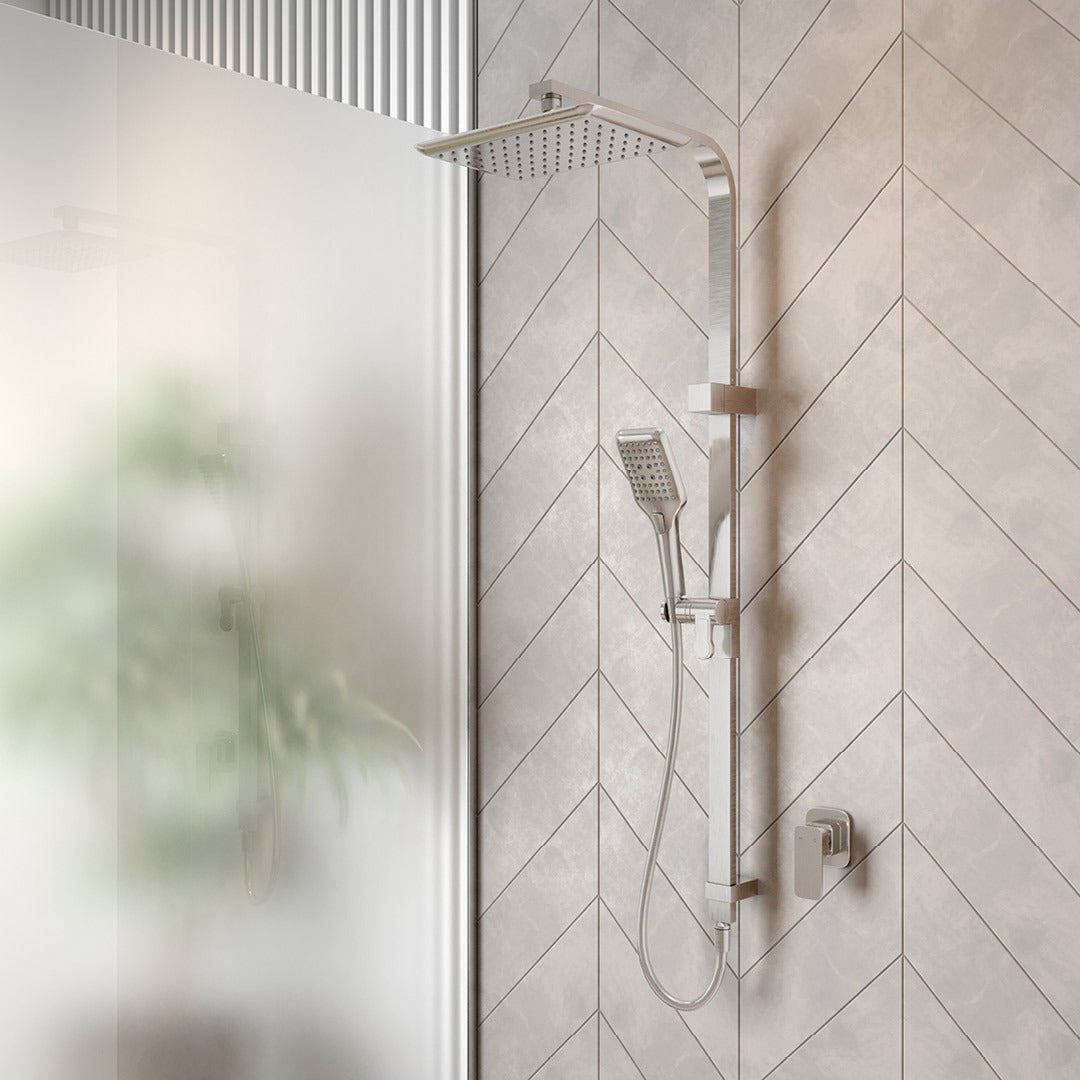 Raymor Sigma dual shower in brushed nickel with overhead rose, hand shower and rail on tiled bathroom wall