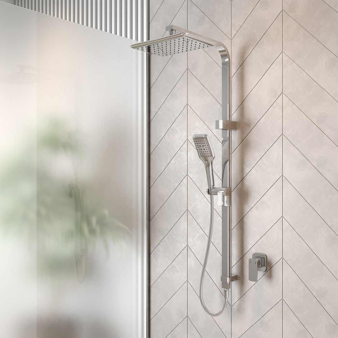 Raymor Sigma chrome twin rail shower with overhead rose, hand shower and diverter on a tiled bathroom wall