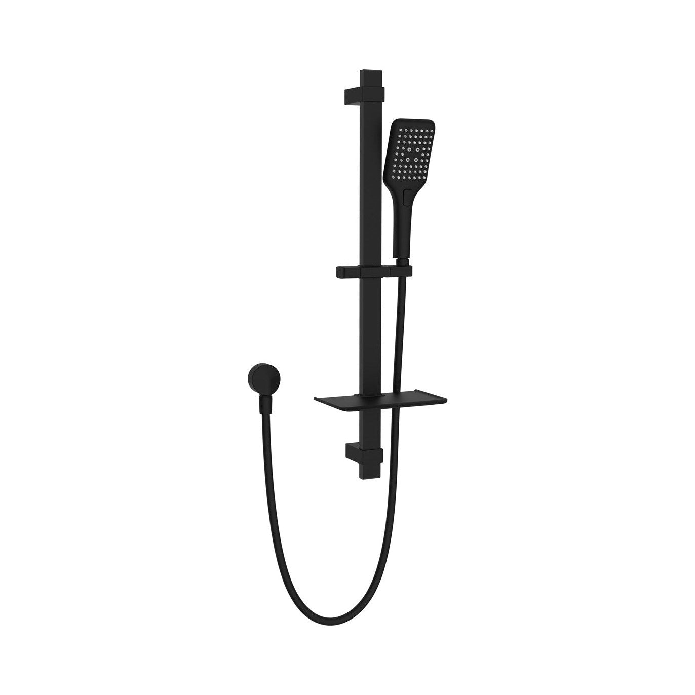 Raymor Sigma black rail shower with hand shower, hose and soap dish on white background