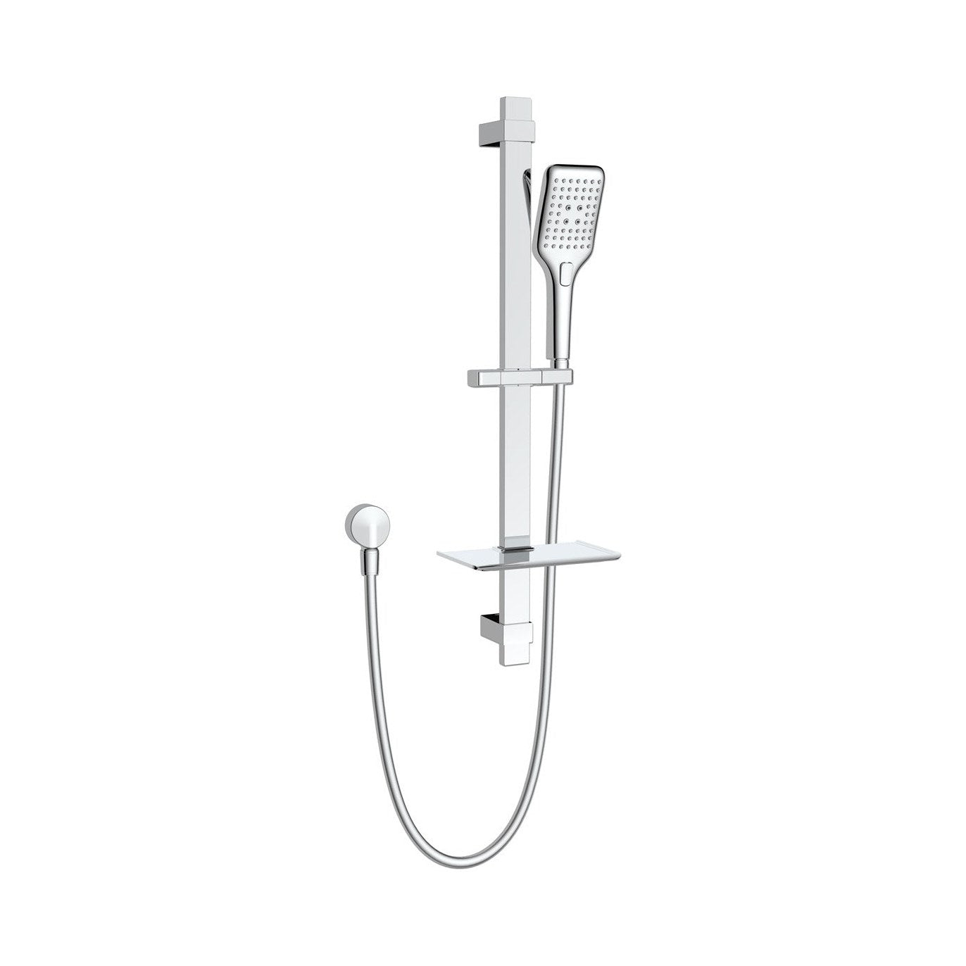 Raymor Sigma chrome rail shower with square rail, hand shower, hose and soap dish on white background