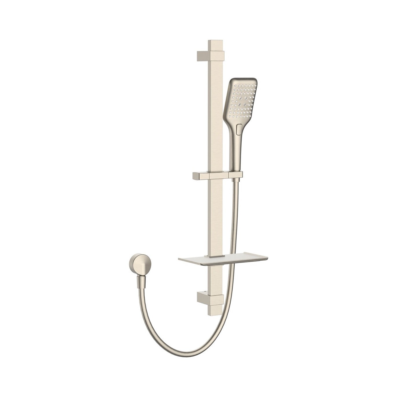 Raymor Sigma rail shower in brushed nickel with hand shower, hose and shelf on a square vertical rail