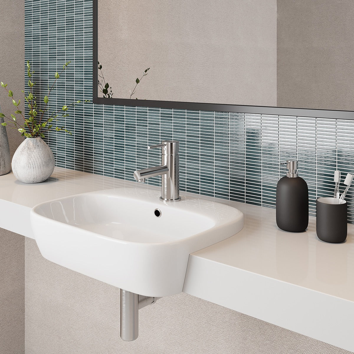 Raymor Sigma white semi recessed bathroom basin with mixer tap, rounded rectangular ceramic bowl, front overhang in vanity setting