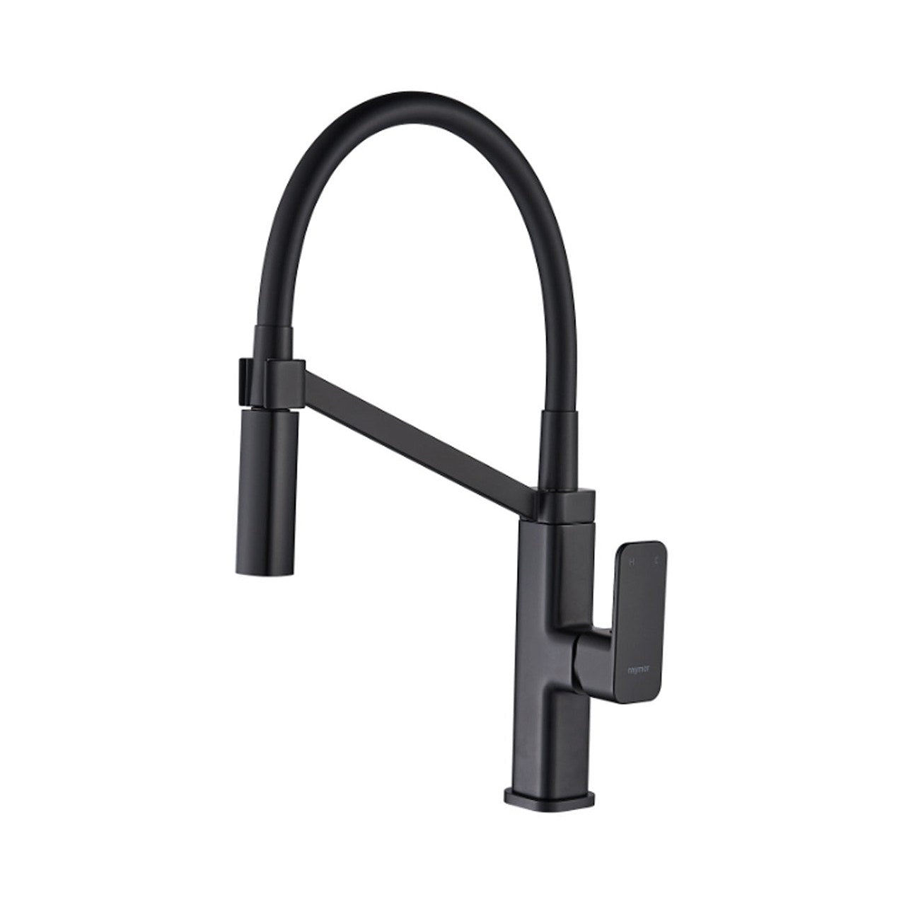 Raymor Sigma black pull out sink mixer with tall curved spout and single lever handle, on white background
