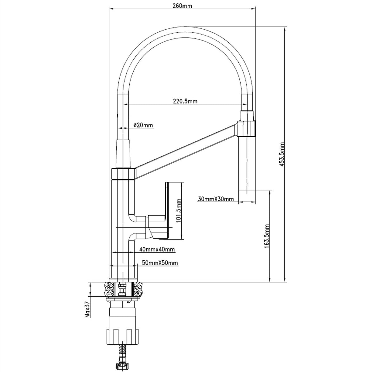 Technical drawing of Raymor Sigma pull out sink mixer, showing brushed nickel tap dimensions and hose, 453.5mm high