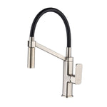 Raymor Sigma pull-out sink mixer in brushed nickel with black hose and square lever handle on white background