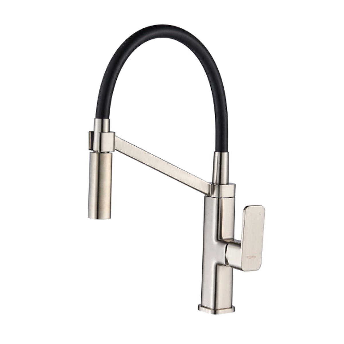 Raymor Sigma pull-out sink mixer in brushed nickel with black hose and square lever handle on white background