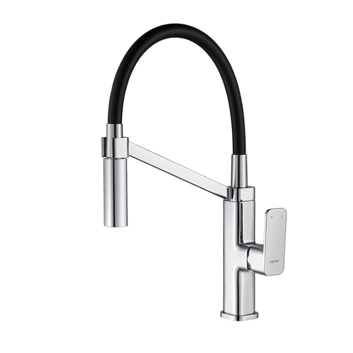 Raymor Sigma chrome pull-out sink mixer with black hose and square lever, isolated on white background