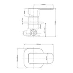 Technical drawing of a Raymor Sigma black wall mixer, showing front and side dimensions with soft square paddle handle.