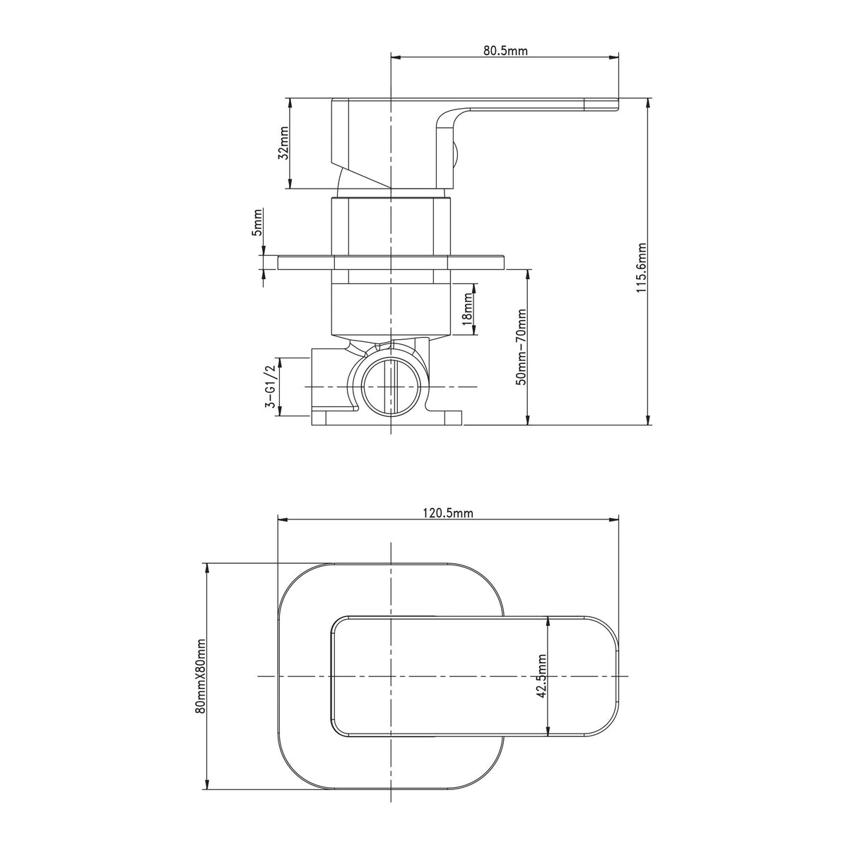 Technical drawing of a Raymor Sigma black wall mixer, showing front and side dimensions with soft square paddle handle.