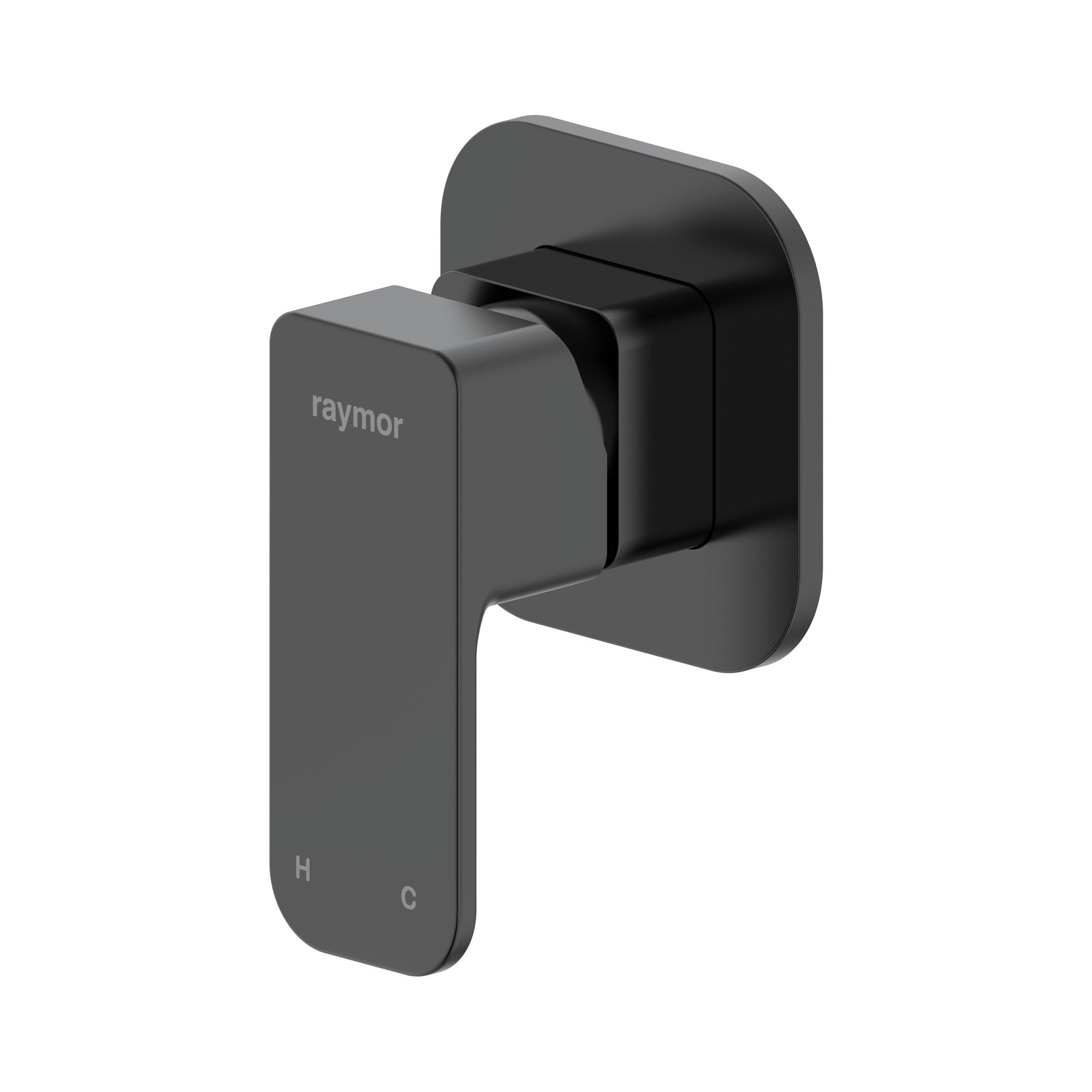 Raymor Sigma black wall mixer with square paddle handle and H/C markings, shown in a front angled view