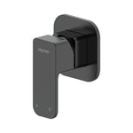 Raymor Sigma black wall mixer with square paddle handle and H/C markings, shown in a front angled view