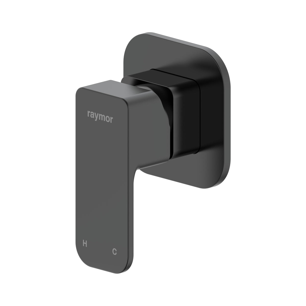 Raymor Sigma black wall mixer with square paddle handle and H/C markings, shown in a front angled view