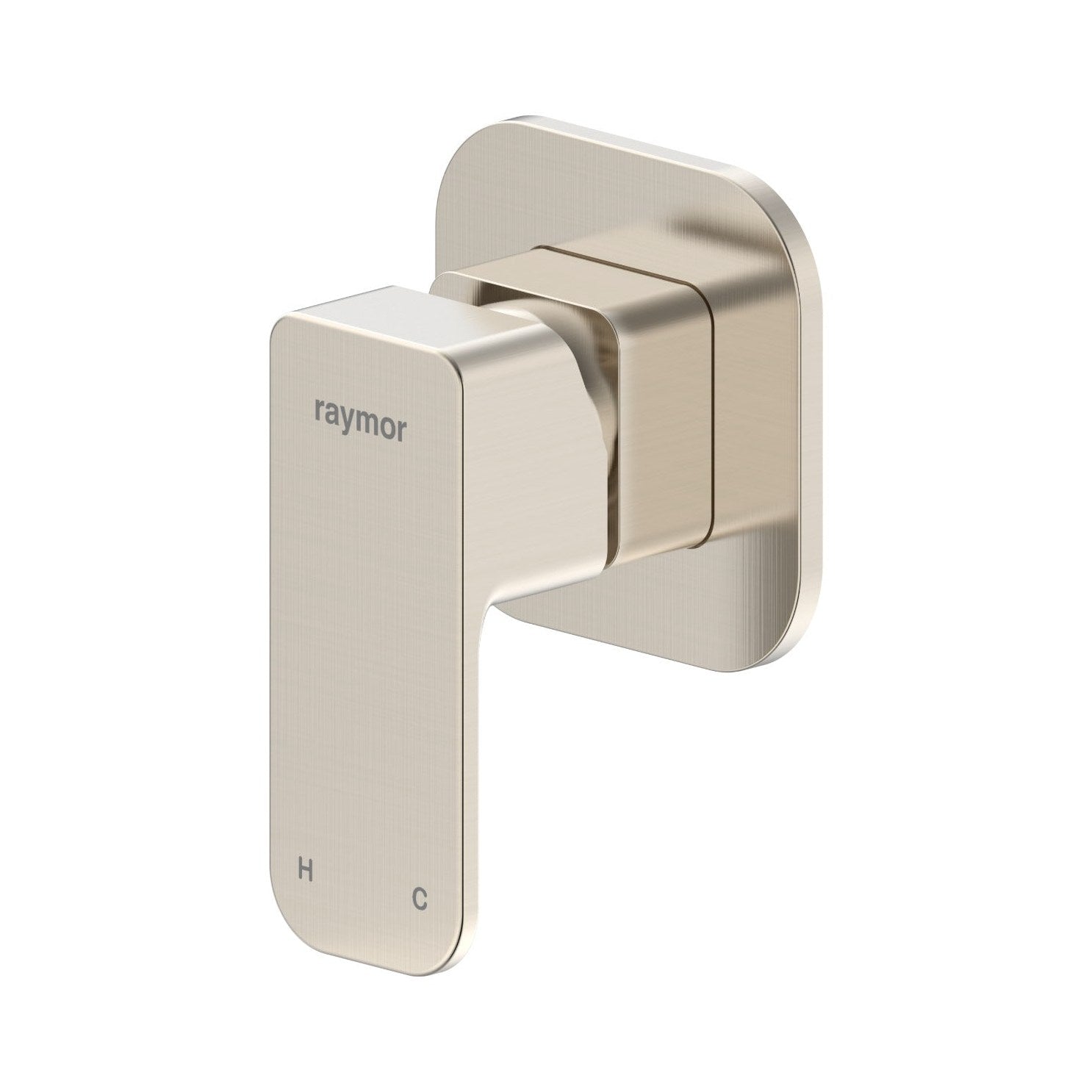 Raymor Sigma brushed nickel wall mixer with square paddle handle and hot/cold markers, front view on white background