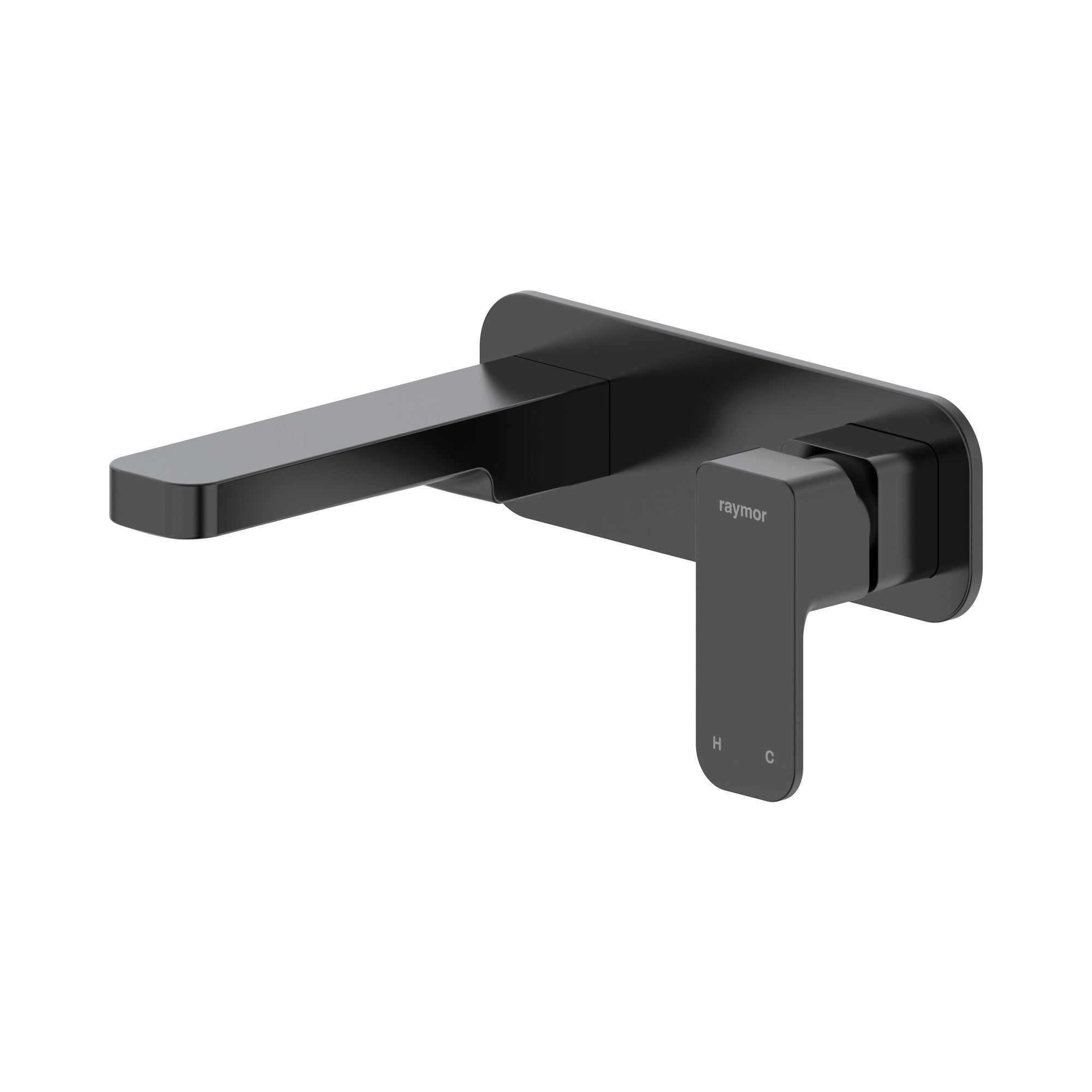 Raymor Sigma wall mixer set with 180mm spout in black, wall-mounted tap with paddle handle on square backplate